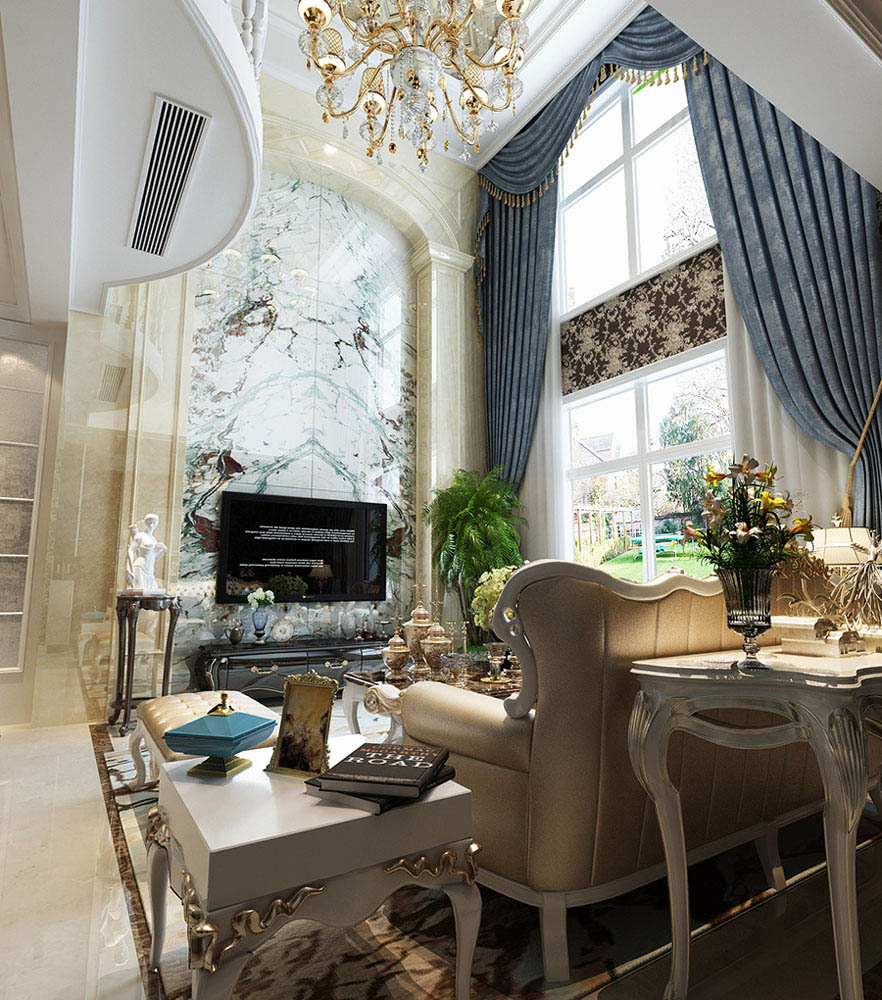 团泊湖伍仟岛500平米七居室轻奢风格装修效果图